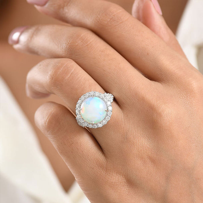 D'Joy Ethiopian Opal, Moissanite Main Stone With Surrounding Stone Ring in Rhodium OverlaySterling Silver  4.630  Ct. 8588903 2