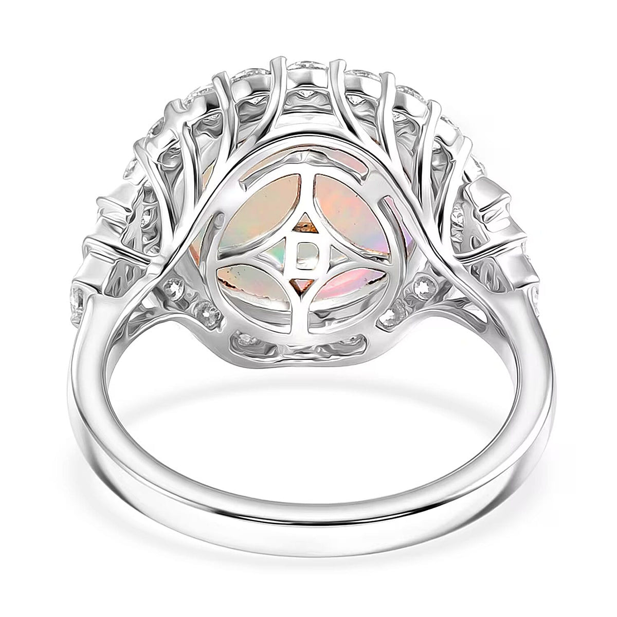 Certified and Appraised D'Joy Ethiopian Opal, Moissanite Main Stone With Surrounding Stone Ring in Rhodium Overlay Sterling Silver 4.630 Ct. 8588903 6