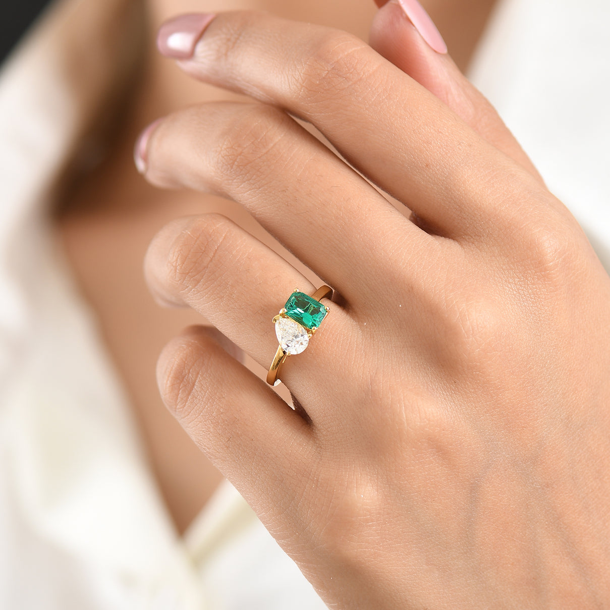 Luxuriant - Lab Grown AAA Columbian Emerald &amp; Lab Grown Diamond (SI-G-H) Toi-et-Moi Ring in 18K Vermeil Yellow Gold Plated Sterling Silver 1.70 Ct. 8589042 2