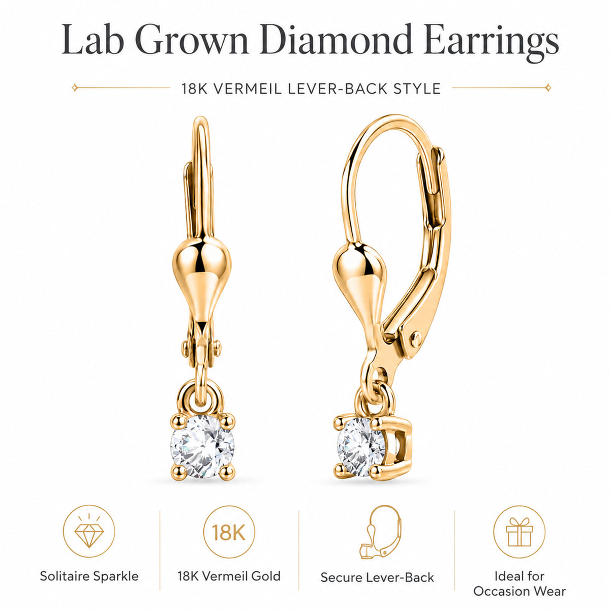 LUXURIANT Lab Grown Diamond Round-Cut Solitaire Lever Back Earring in 18K Vermeil Yellow Gold Plated Sterling Silver (SI-G-H) 8590269 5