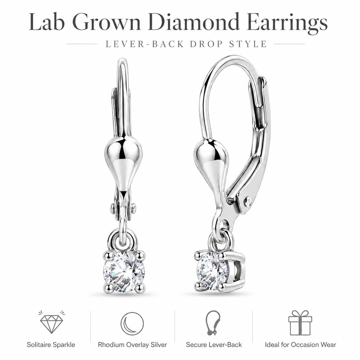 LUXURIANT Lab Grown Diamond Round-Cut Solitaire Lever Back Earring in Rhodium Overlay Sterling Silver (SI-G-H) V32682793 5