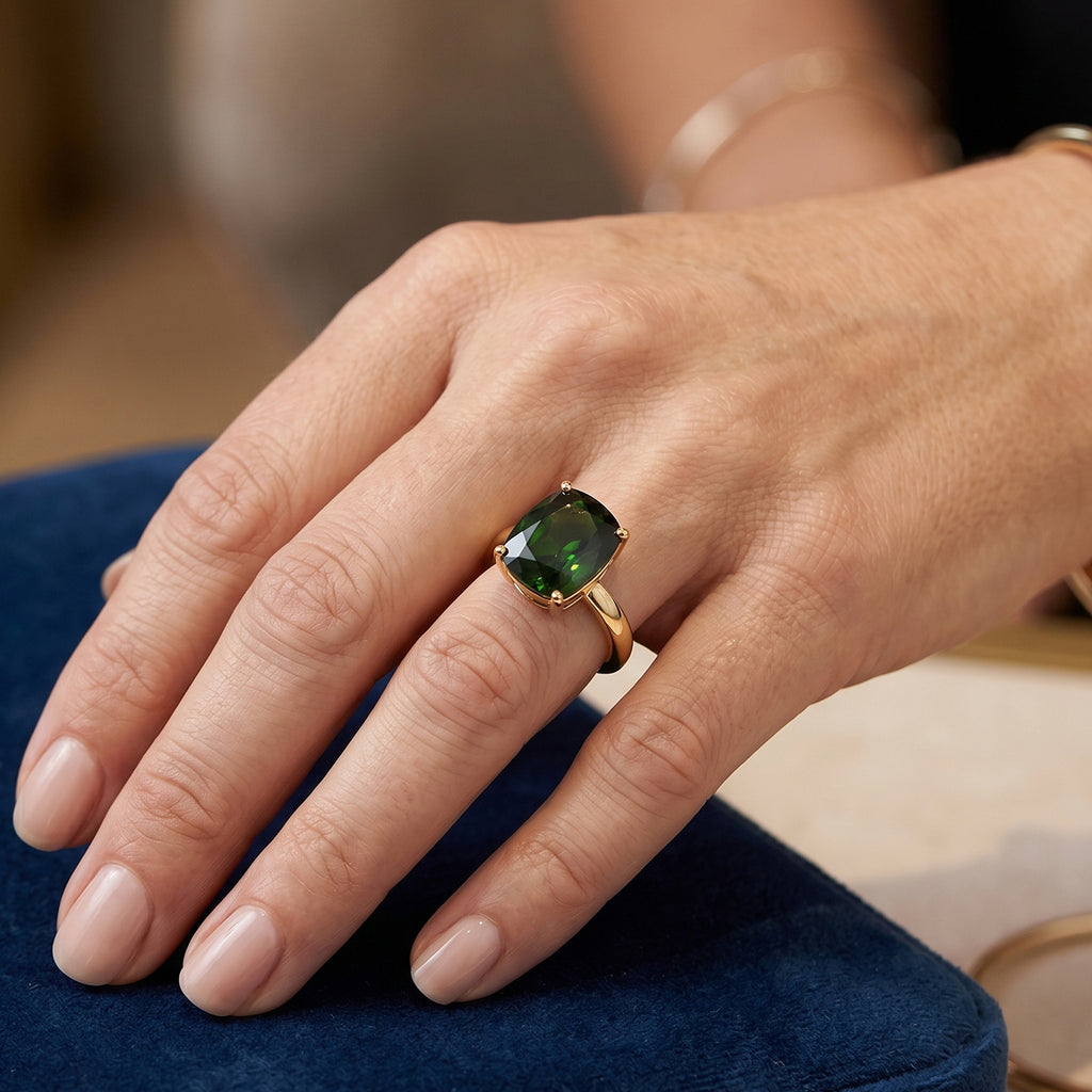 VERY RARE SIZE - 9K Yellow Gold Natural Chrome Diopside Solitaire Ring 3.00 Ct._8590373_1