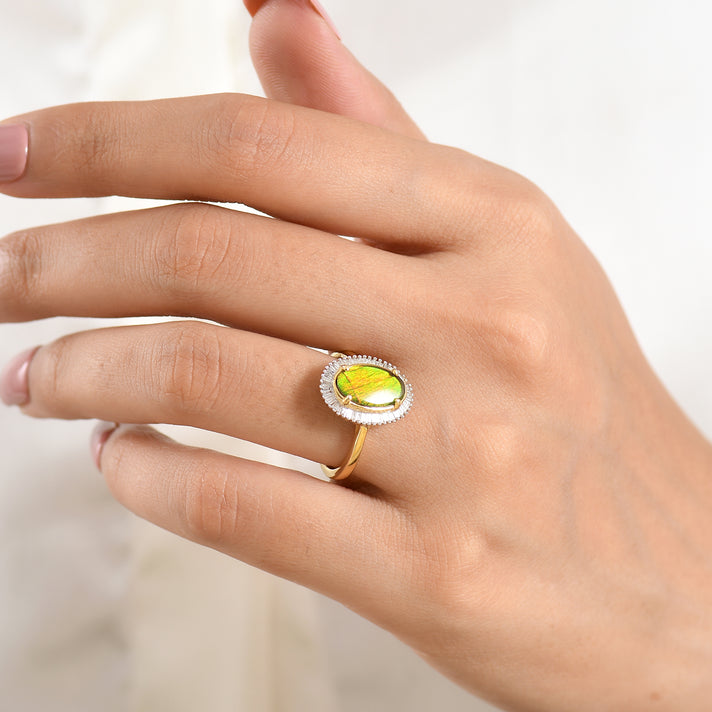 D'Joy - Ammolite &amp; Natural White Diamond Halo Ring in 18K Vermeil Yellow Gold Plated Sterling Silver 2.47 Ct. 8590577 2