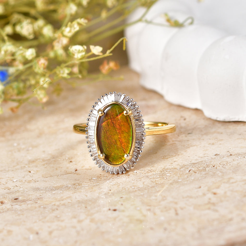 D'Joy - Ammolite & Natural White Diamond Halo Ring in 18K Vermeil Yellow Gold Plated Sterling Silver 2.47 Ct._8590588_2