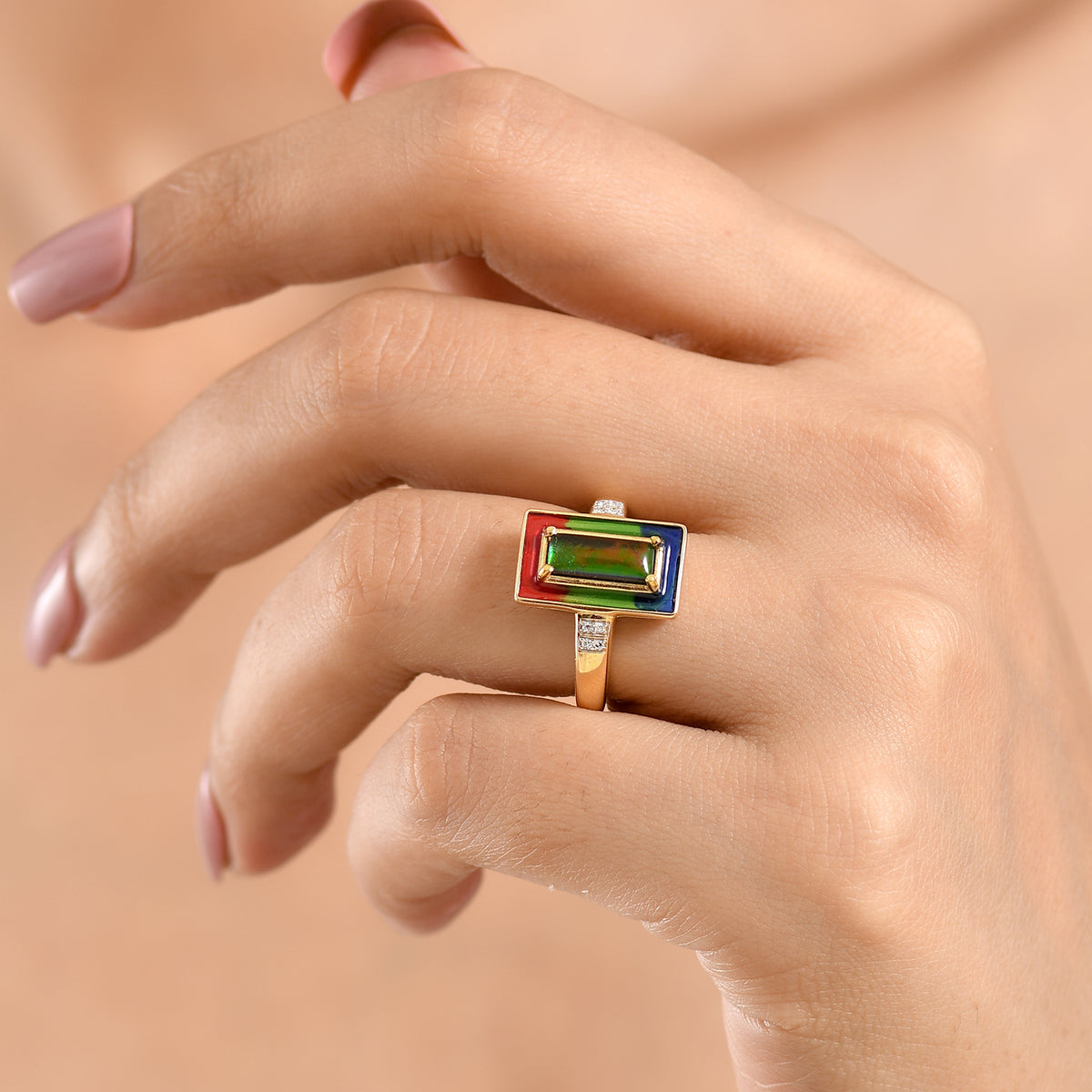 Luxuriant - Ammolite &amp; Lab Grown Diamond (SI/G-H) Prismatic Ring in 18K Vermeil Yellow Gold Plated Sterling Silver 1.20 Ct. 8590593 2