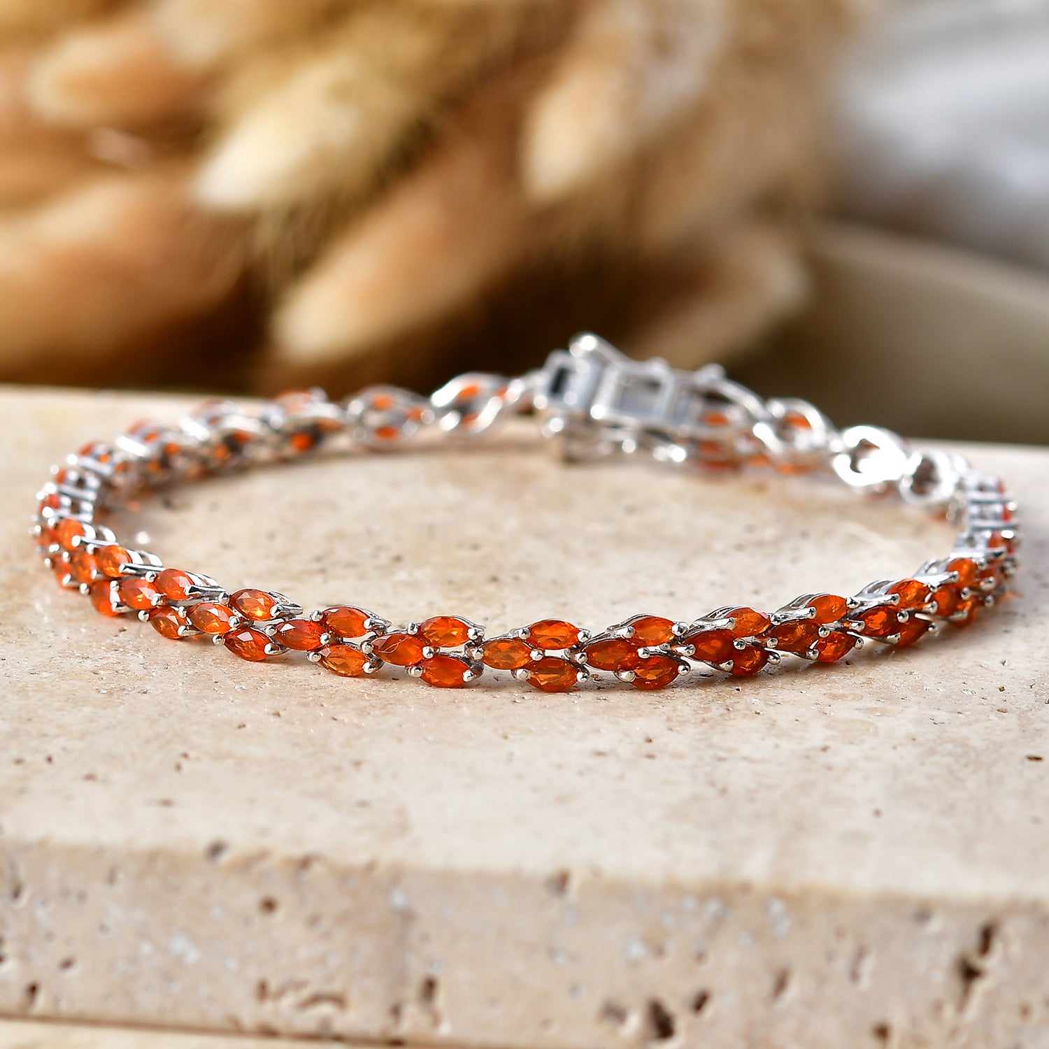D'Joy - Natural Crimson Fire Opal Tennis Bracelet (Size - 7.5) with GB Lock Box in Rhodium Overlay Sterling Silver 4.37 Ct. 8591176 3