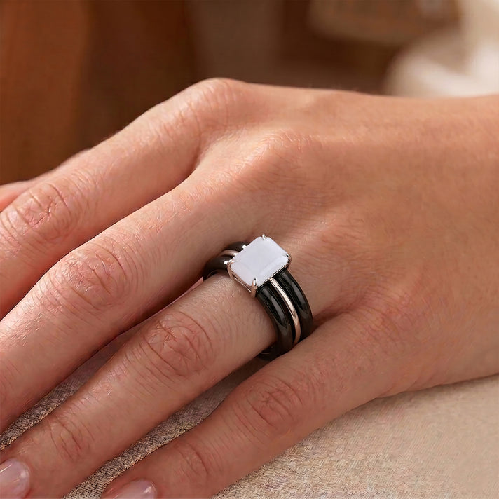 GP - Natural White Jade, Black Jade &amp; Blue Sapphire Ring in Rhodium Overlay Sterling Silver 18.70 Ct. 8591520 2
