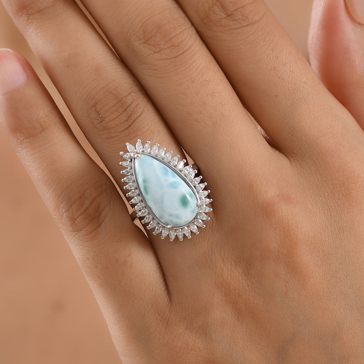 D'Joy - Natural Larimar &amp; Moissanite Halo Ring in Rhodium Overlay Sterling Silver 11.65 Ct. 8591539 2