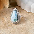 D'Joy - Natural Larimar & Moissanite Halo Ring in Rhodium Overlay Sterling Silver 11.65 Ct._8591539_2