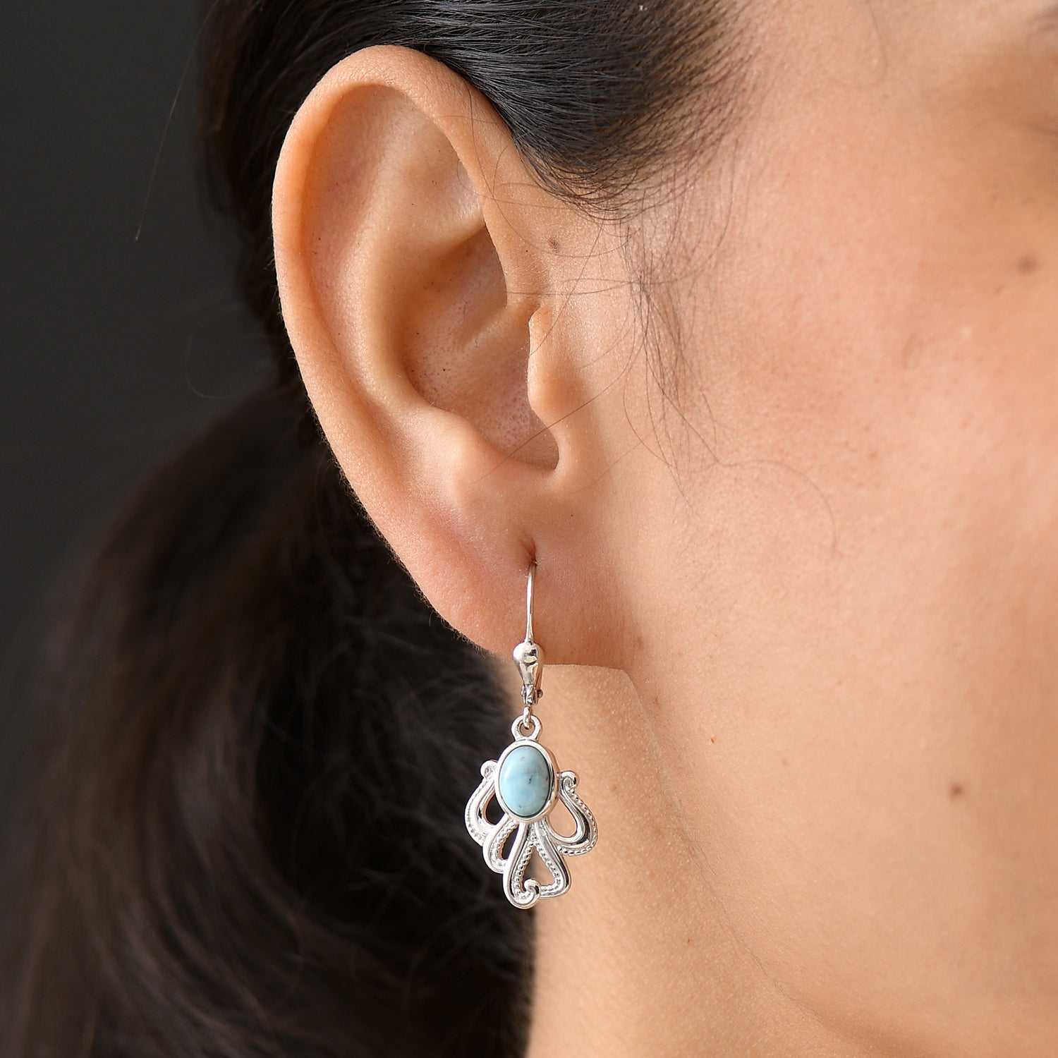 D'Joy - Natural Larimar Lever Back Octopus Earring in Platinum Overlay Sterling Silver 1.00 Ct. 8591558 2