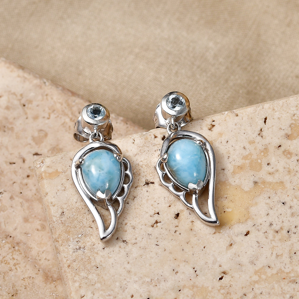 D'Joy - Natural Larimar & Skyblue Topaz Angel Wings Earring with Push Post in Platinum Overlay Sterling Silver 3.00 Ct._8591575_2