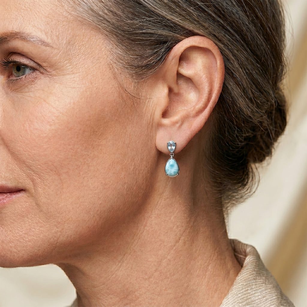 D'Joy - Natural Larimar & Skyblue Topaz Dangling Earring with Push Post in Platinum Overlay Sterling Silver 2.78 Ct._8591604_1
