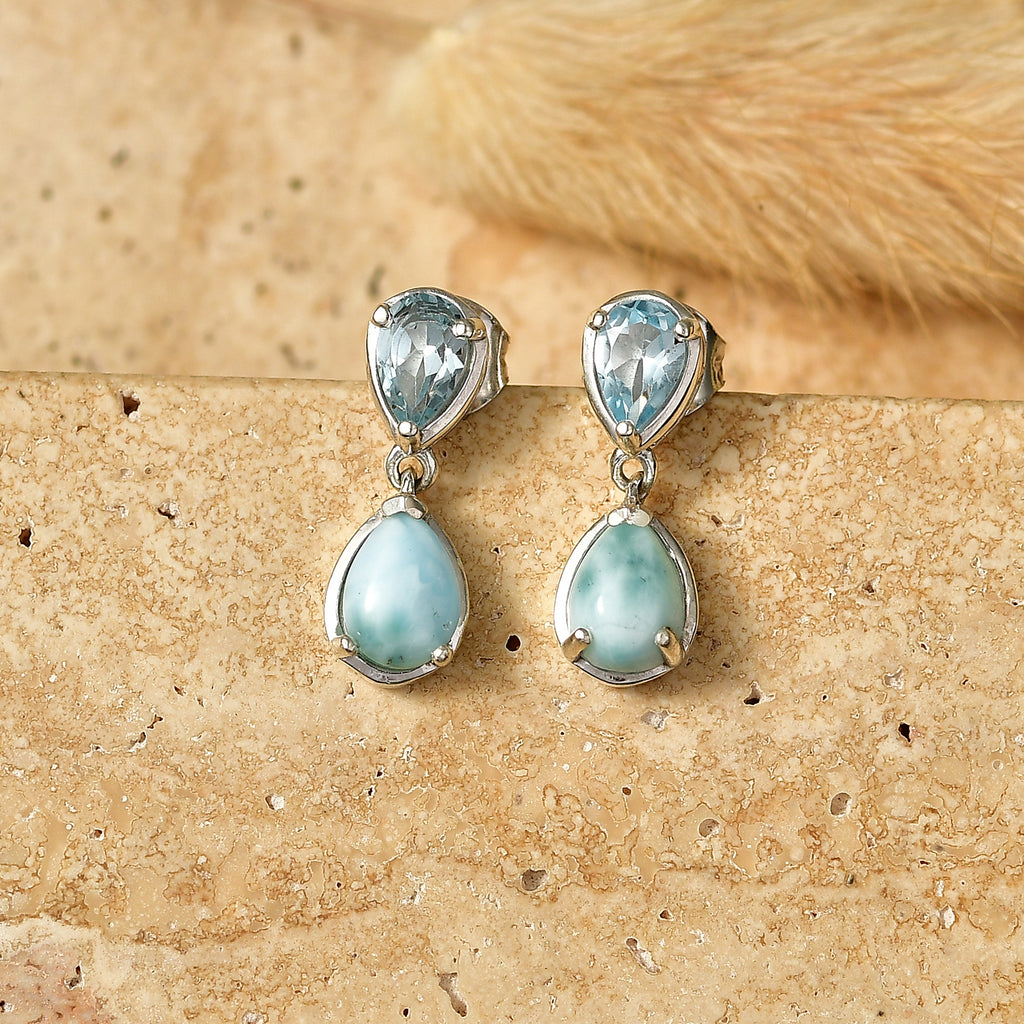 D'Joy - Natural Larimar & Skyblue Topaz Dangling Earring with Push Post in Platinum Overlay Sterling Silver 2.78 Ct._8591604_2