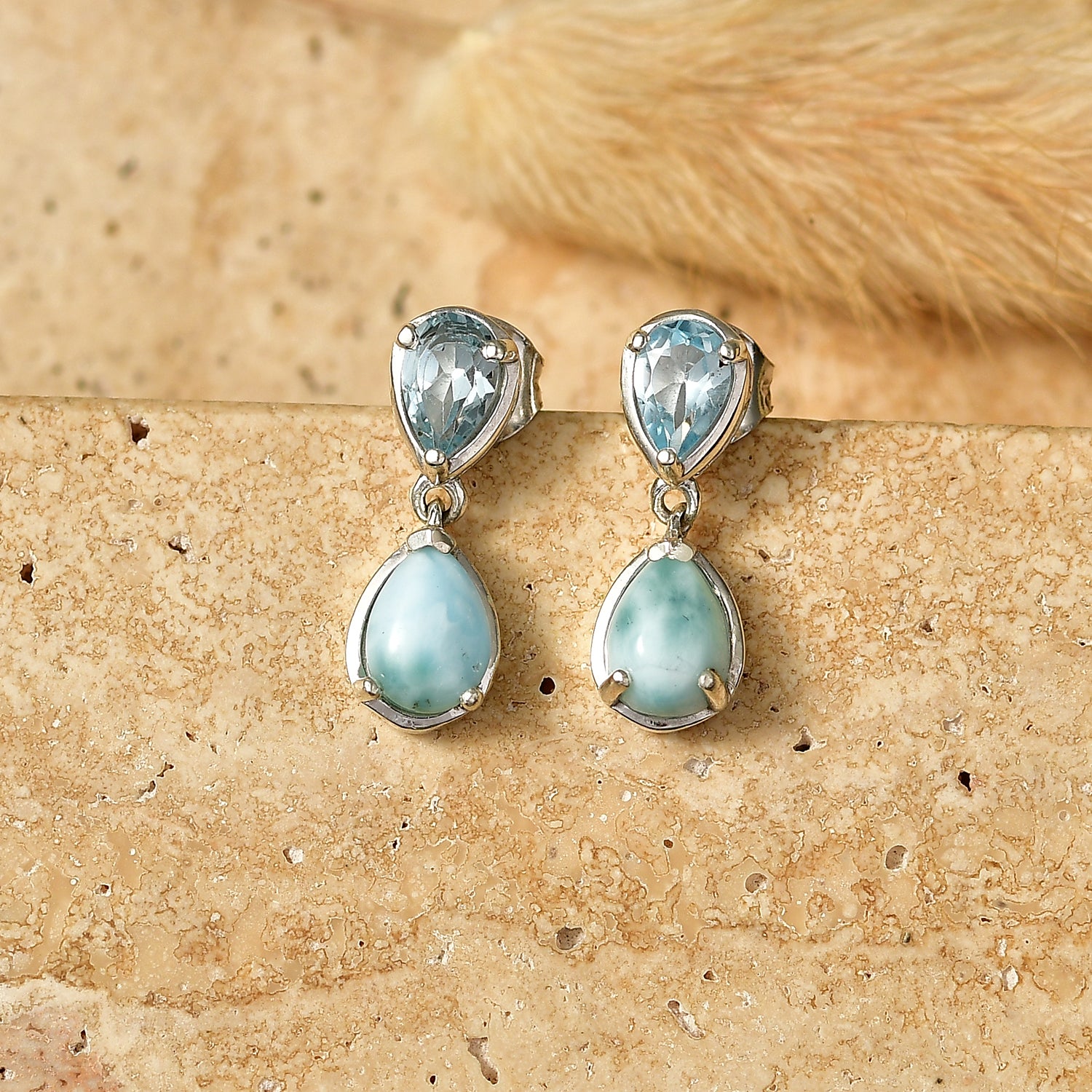 D'Joy - Natural Larimar &amp; Skyblue Topaz Dangling Earring with Push Post in Platinum Overlay Sterling Silver 2.78 Ct. 8591604 3