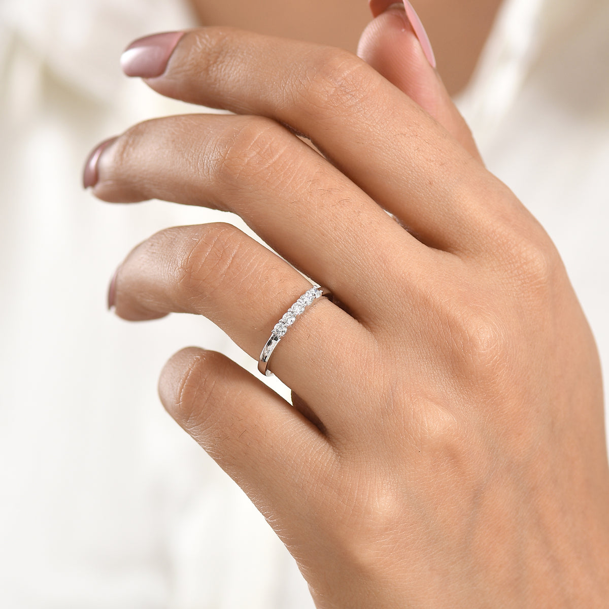 LUXURIANT Lab Grown Diamond 5-Stone Band Ring in Platinum Overlay Sterling Silver (SI-G-H) V32724629 2