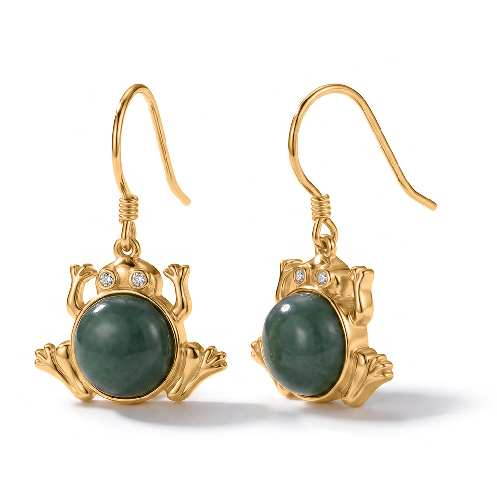 GP - Olmec Jadeite, White Zircon & Blue Sapphire Frog Earring with Hook in Yellow Gold Plated Sterling Silver 4.80 Ct._8592076