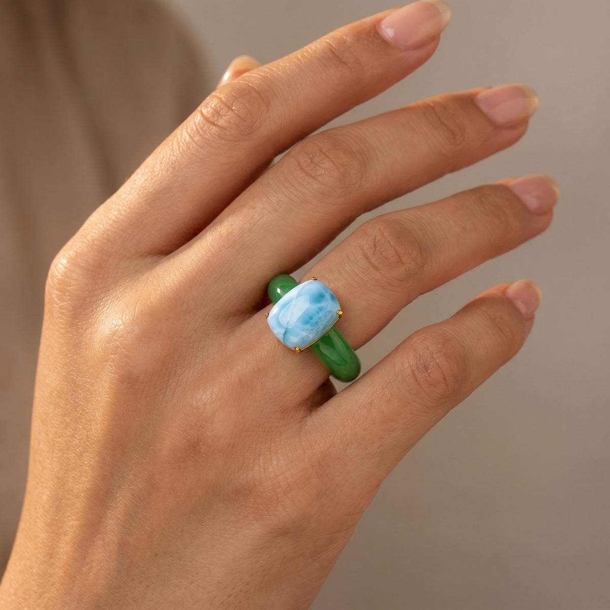 D'Joy - Natural Larimar &amp; Carved Jadeite Solitaire Ring in Yellow Gold Plated Sterling Silver 15.50 Ct. V32584851 2