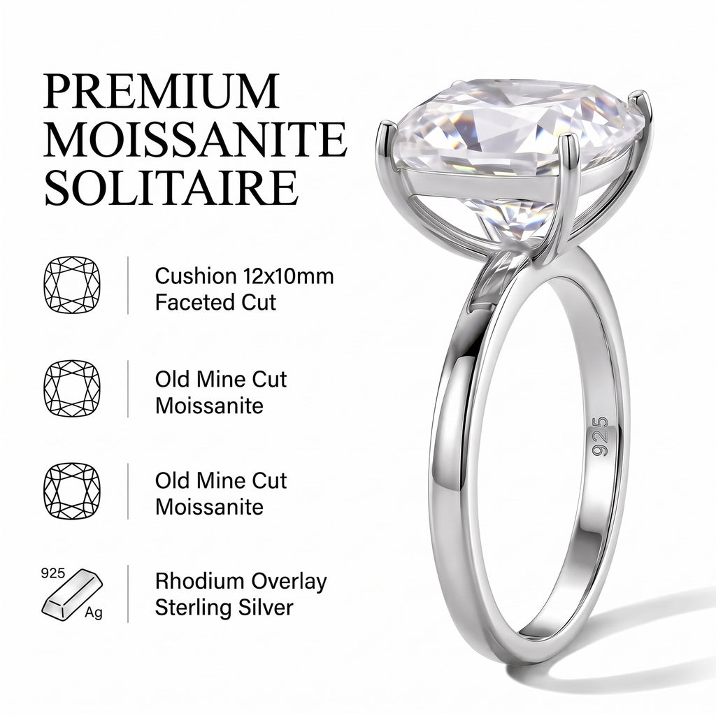Premium Old Mine Cut Moissanite Solitaire Ring in Rhodium Overlay Sterling Silver 5.70 Ct._8592997_6