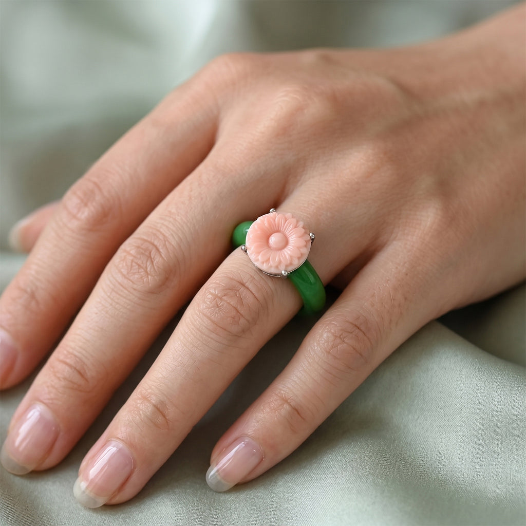 D'Joy Jardin Collection - Pink Mother Of Pearl & Dyed Green Jade Floral Ring in Rhodium Overlay Sterling Silver_8593187_1
