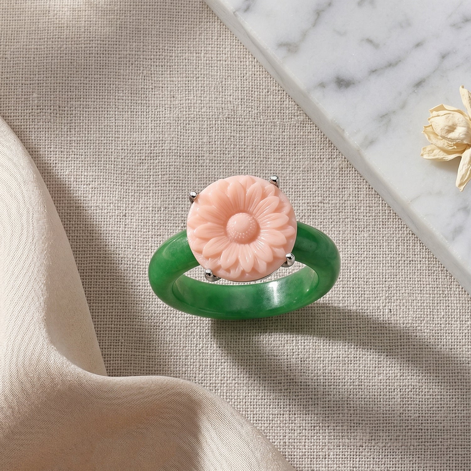 Jardin Collection - Pink Mother Of Pearl &amp; Dyed Green Jade Floral Ring in Rhodium Overlay Sterling Silver V32519959 3