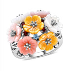 D'Joy Jardin Collection - Purple Mother of Pearl & Multi Gemstones Floral Ring in Rhodium Overlay Sterling Silver_8593190