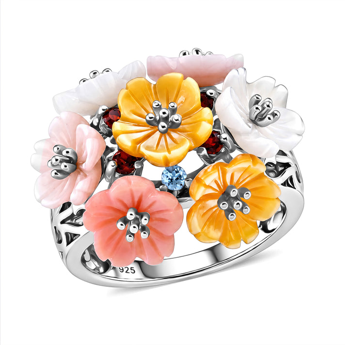 Jardin Collection - Purple Mother of Pearl &amp; Multi Gemstones Floral Ring in Rhodium Overlay Sterling Silver 8593190 1