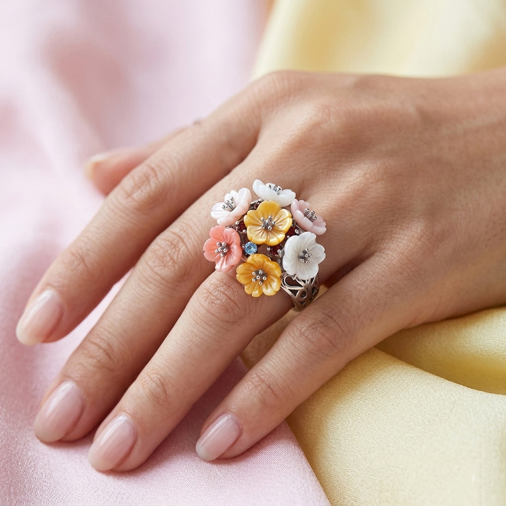 D'Joy Jardin Collection - Purple Mother of Pearl & Multi Gemstones Floral Ring in Rhodium Overlay Sterling Silver_8593190_1