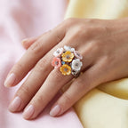 D'Joy Jardin Collection - Purple Mother of Pearl & Multi Gemstones Floral Ring in Rhodium Overlay Sterling Silver_8593190_1