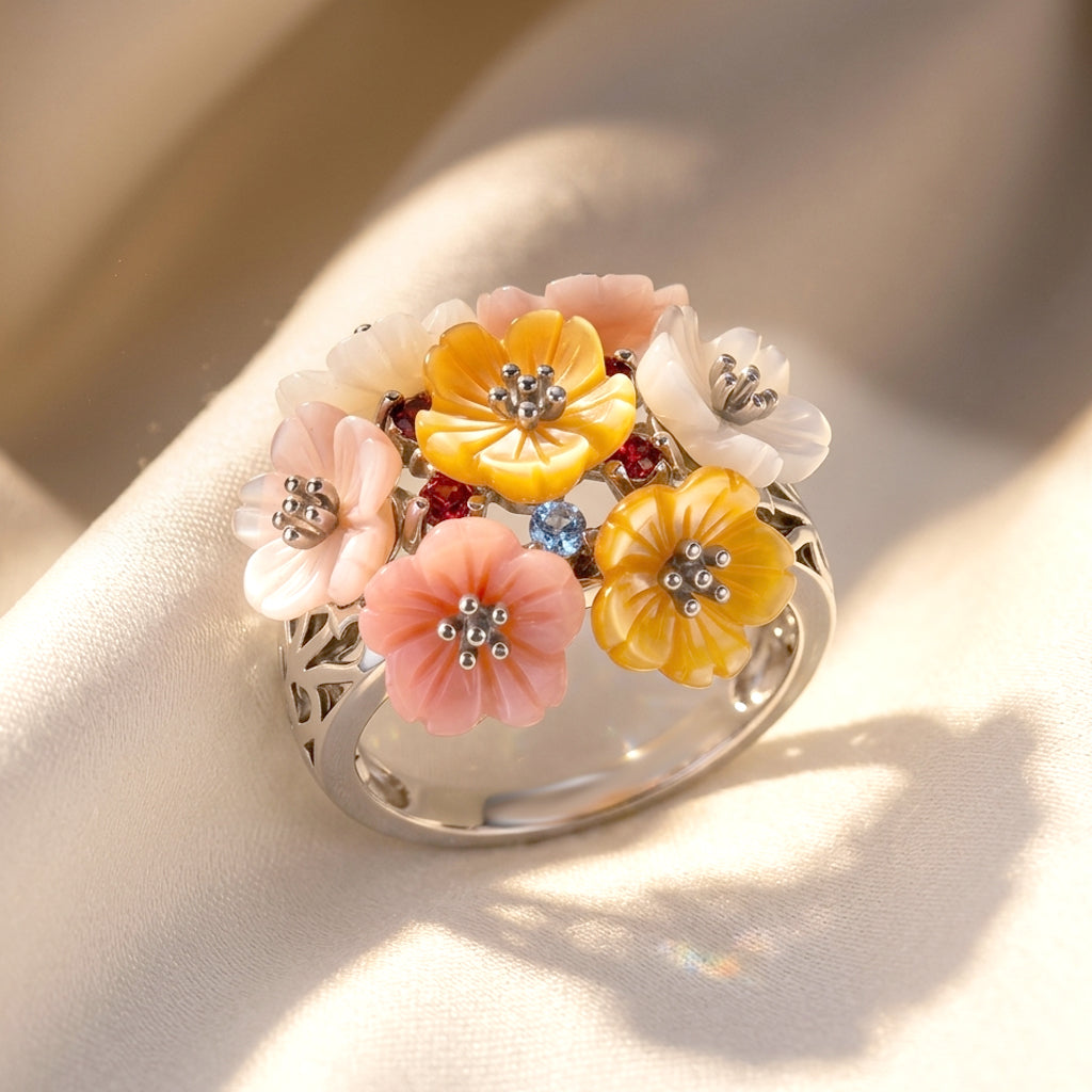 Jardin Collection - Purple Mother of Pearl &amp; Multi Gemstones Floral Ring in Rhodium Overlay Sterling Silver 8593190 3