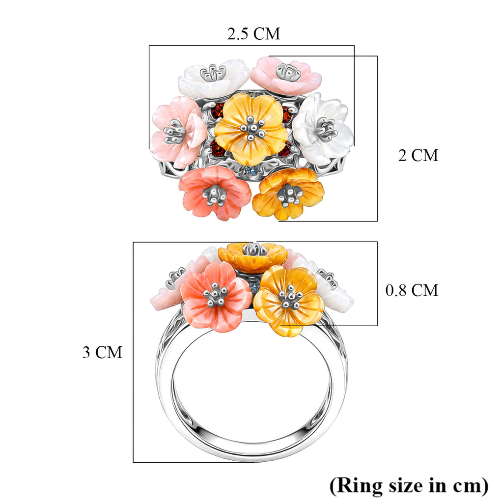 D'Joy Jardin Collection - Purple Mother of Pearl & Multi Gemstones Floral Ring in Rhodium Overlay Sterling Silver_8593190_5