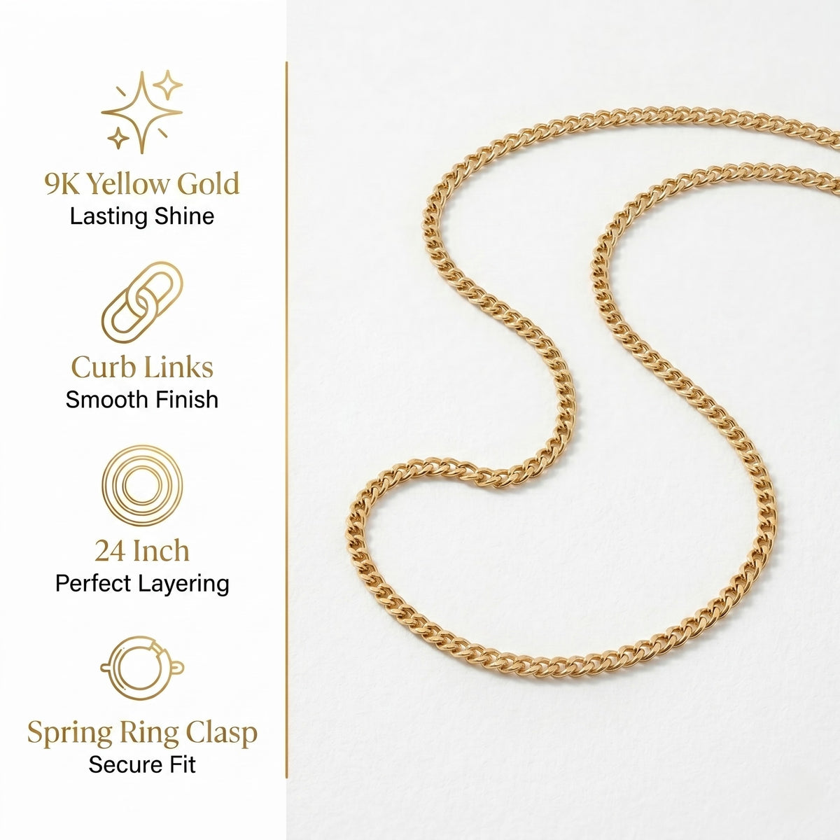 9K Yellow Gold 2.2MM Hollow Curb Chain with Spring Ring Clasp 24 Inch V32602834 6