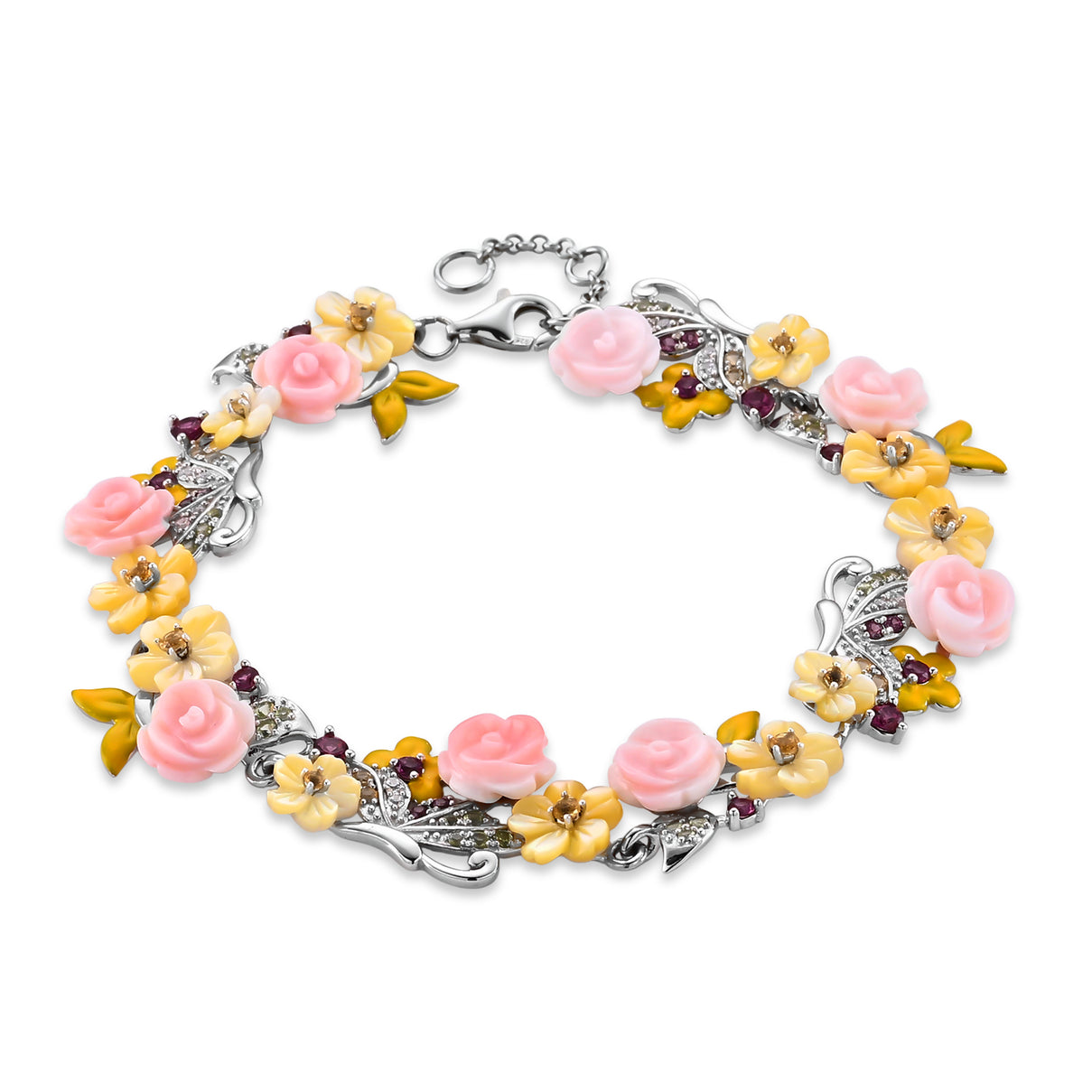 Jardin Collection - Pink Mother Of Pearl and Multi Gemstones Adjustable Floral Bracelet (Size - 7-1 Ext) in Rhodium Overlay Sterling Silver. 8593296 0
