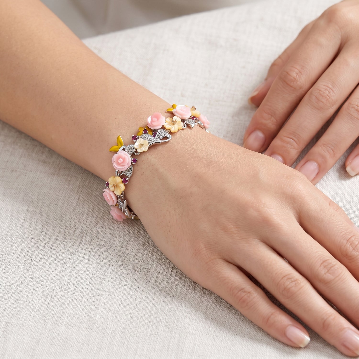 Jardin Collection - Pink Mother Of Pearl and Multi Gemstones Adjustable Floral Bracelet (Size - 7-1 Ext) in Rhodium Overlay Sterling Silver. 8593296 2