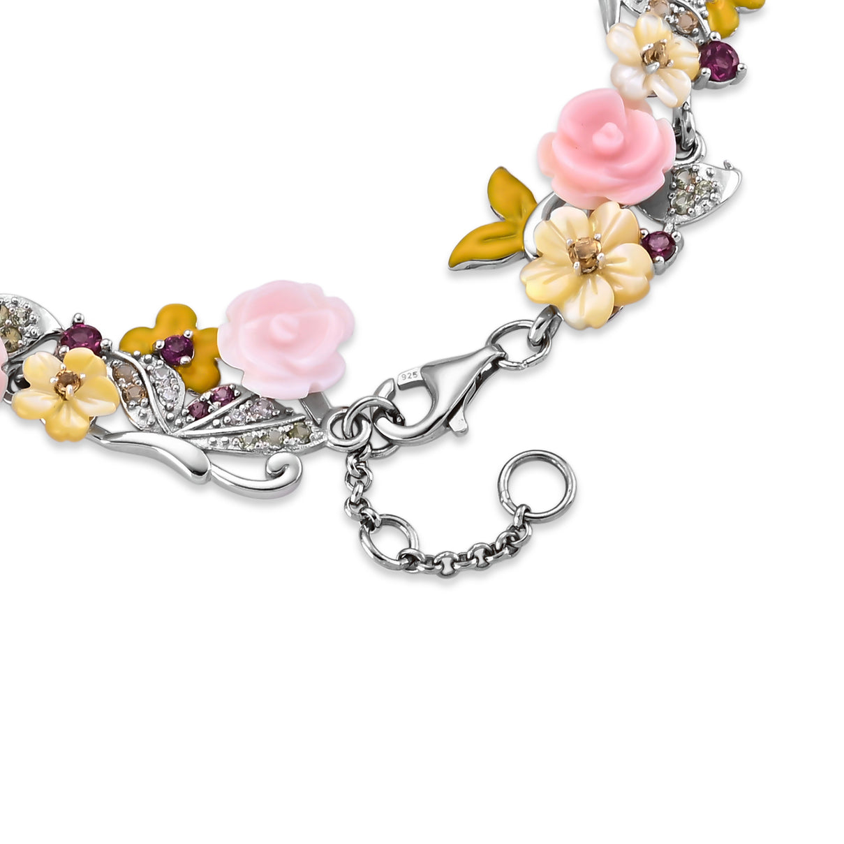 Jardin Collection - Pink Mother Of Pearl and Multi Gemstones Adjustable Floral Bracelet (Size - 7-1 Ext) in Rhodium Overlay Sterling Silver. 8593296 5