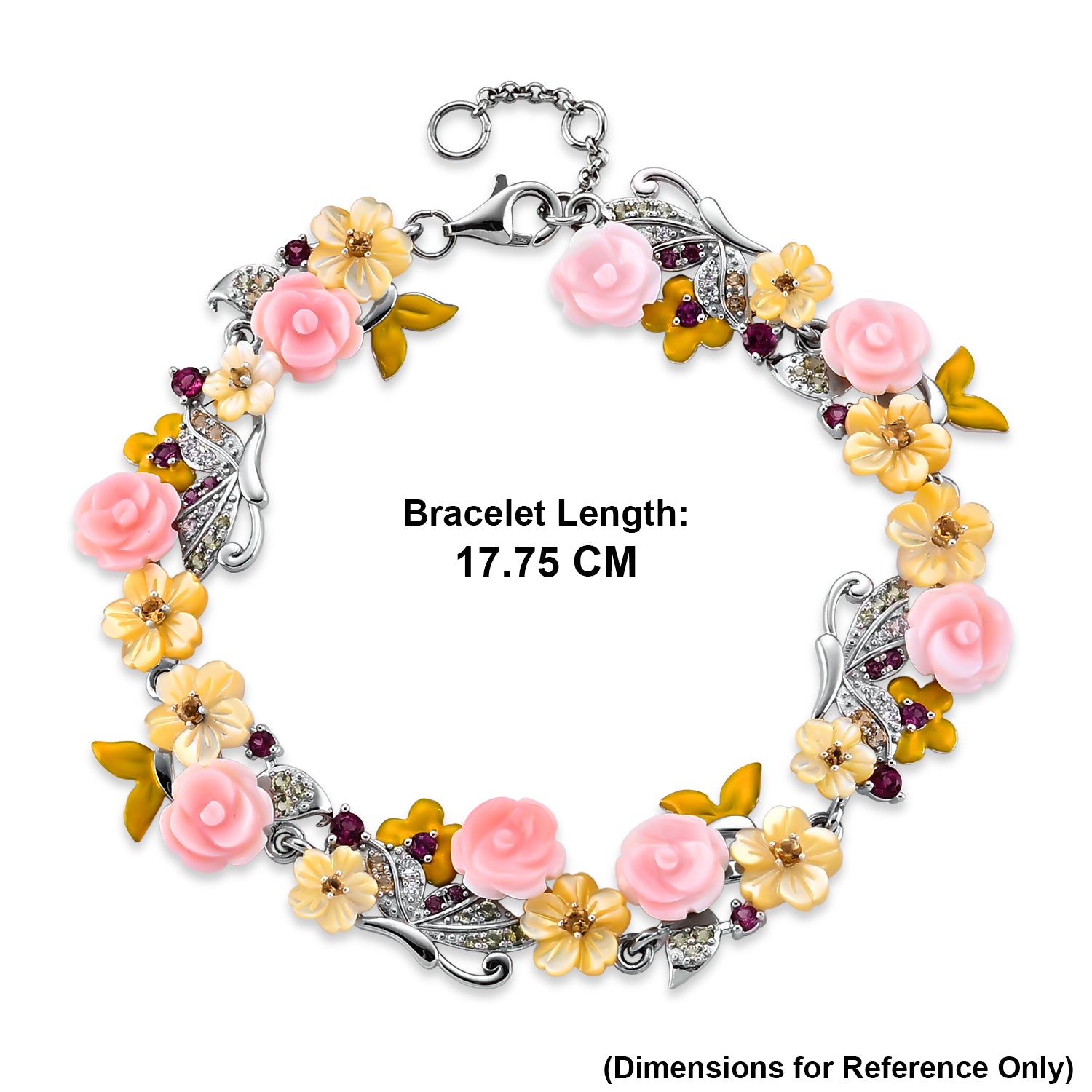 Jardin Collection - Pink Mother Of Pearl and Multi Gemstones Adjustable Floral Bracelet (Size - 7-1 Ext) in Rhodium Overlay Sterling Silver. 8593296 6