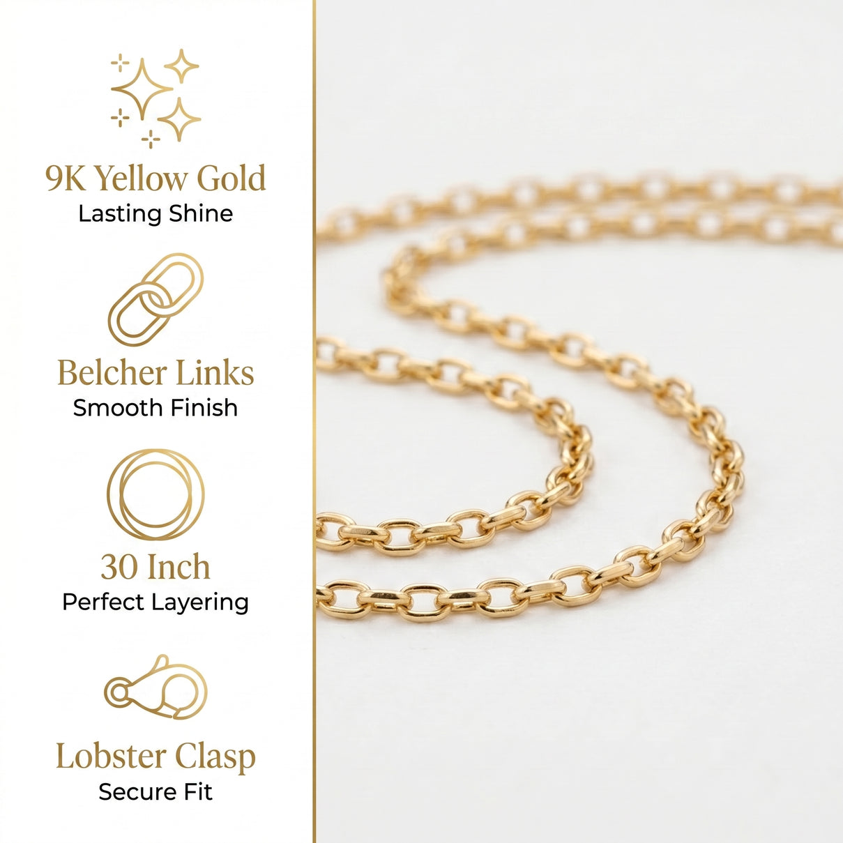 9K Yellow Gold 2.6MM Belcher Chain with Lobster Clasp, 30 Inch, 3.40 Gms 8593305 5