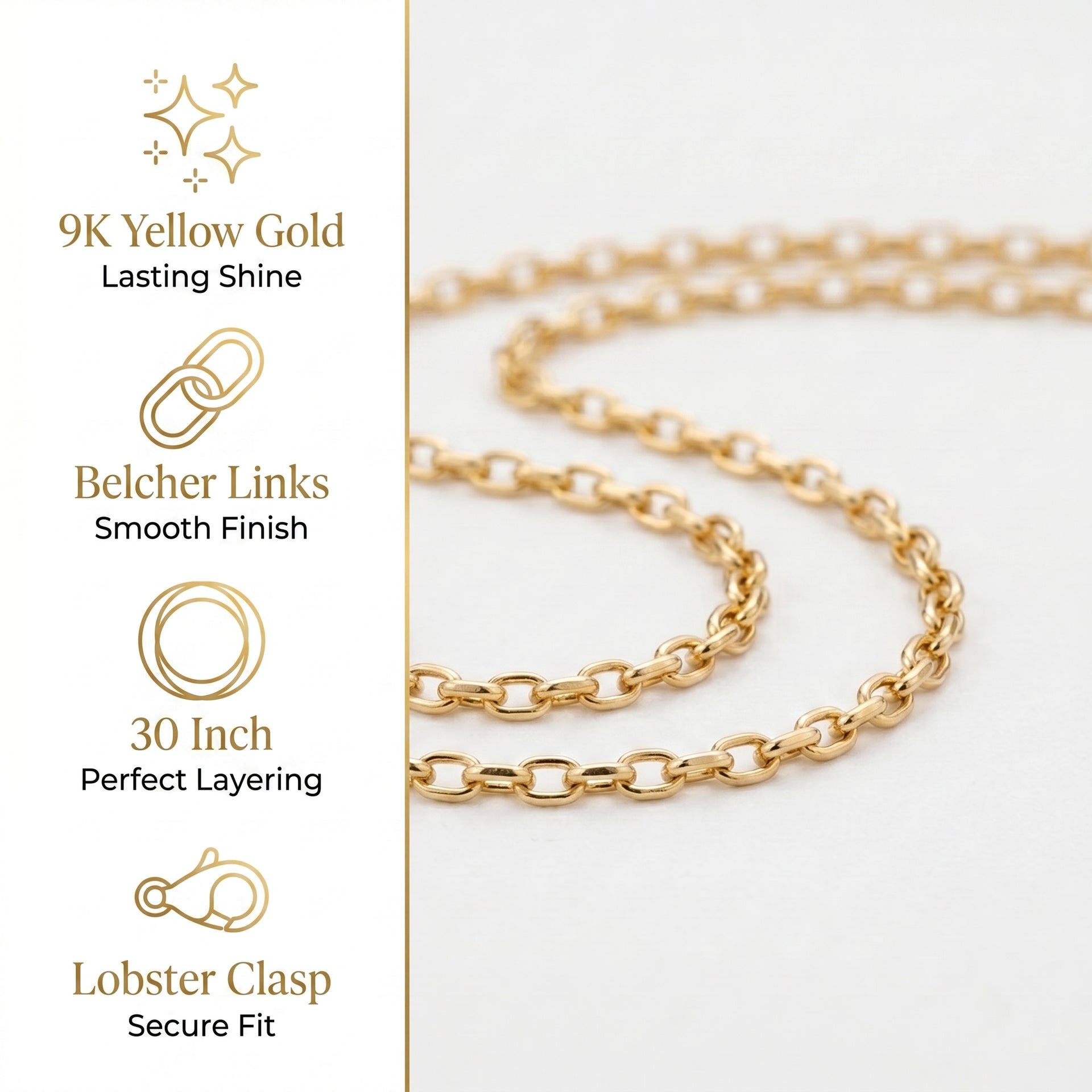 9K Yellow Gold 2.6MM Belcher Chain with Lobster Clasp, 30 Inch, 3.40 Gms 8593305 5