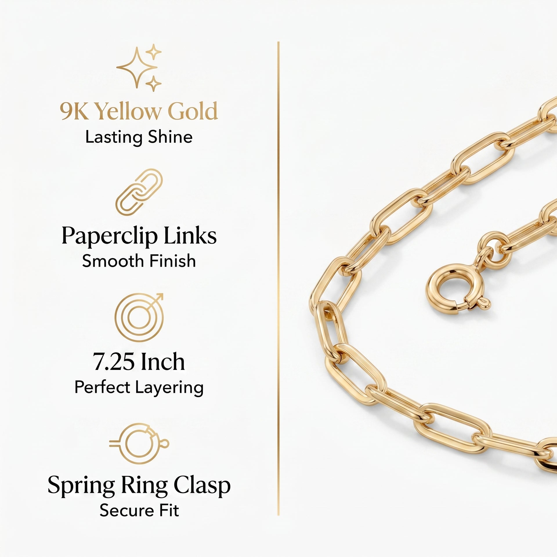 9K Yellow Gold 2.3MM Chain Bracelet with Spring Ring Clasp 7.25 Inch 8593438 7