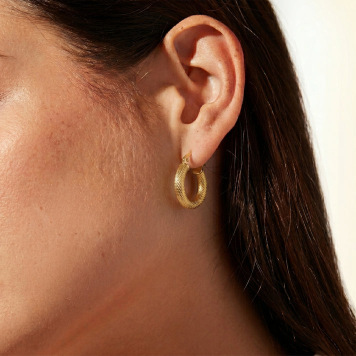 9K Yellow Gold Mesh Textured Hoop Earring with Clasp 8593466 2