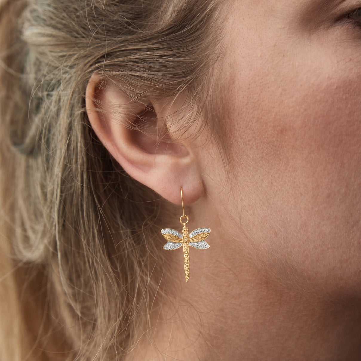 9K Yellow and White Gold Dragonfly Drop Earring with Hook 8593515 1