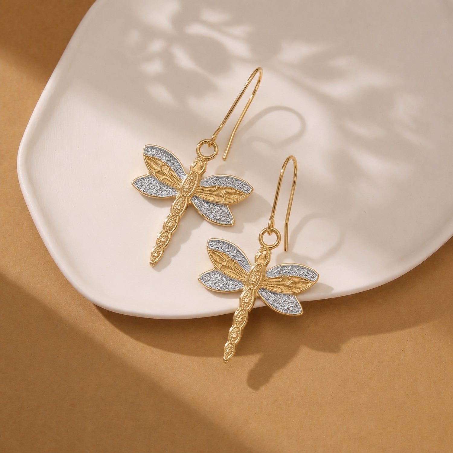 9K Yellow and White Gold Dragonfly Drop Earring with Hook 8593515 2
