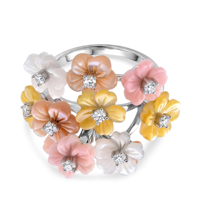 Jardin Collection - Purple Mother of Pearl &amp; Multi Gemstones Floral Ring in Rhodium Overlay Sterling Silver 8593554 1