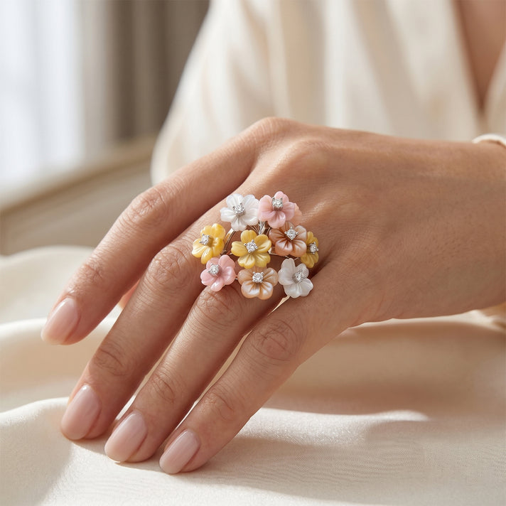 Jardin Collection - Purple Mother of Pearl &amp; Multi Gemstones Floral Ring in Rhodium Overlay Sterling Silver 8593554 2