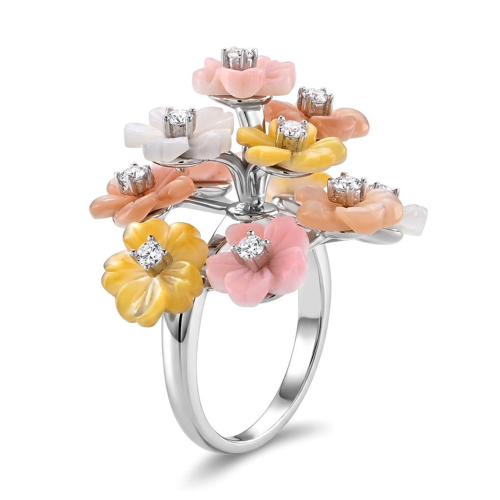 D'Joy Jardin Collection - Purple Mother of Pearl & Multi Gemstones Floral Ring in Rhodium Overlay Sterling Silver_8593554_3