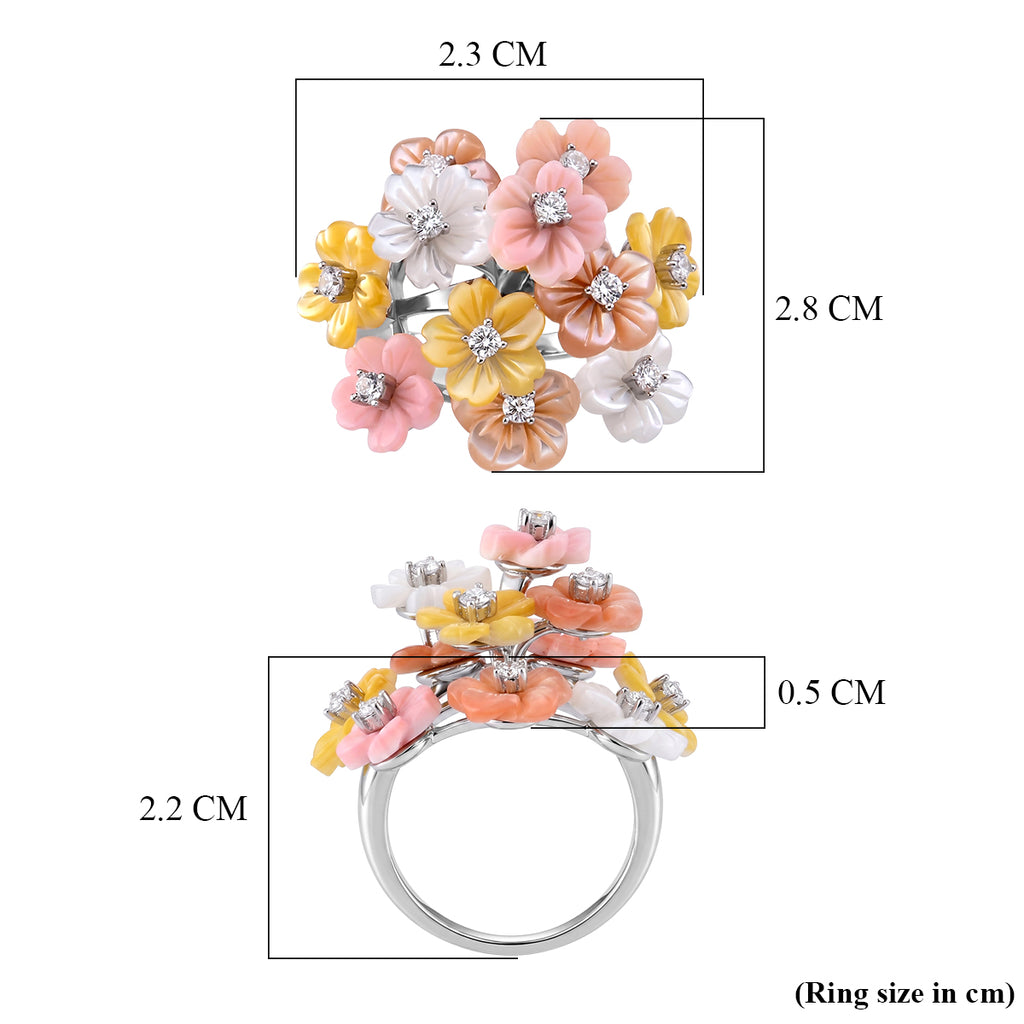 D'Joy Jardin Collection - Purple Mother of Pearl & Multi Gemstones Floral Ring in Rhodium Overlay Sterling Silver_8593554_5