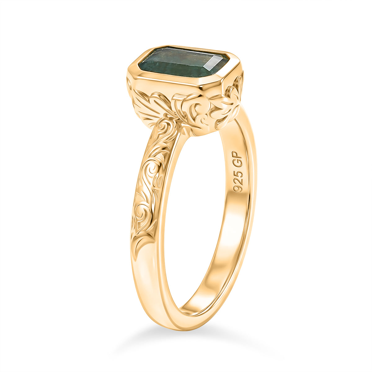 GP - AAA Gemfields Zambian Emerald &amp; Blue Sapphire Solitaire Ring in 18K Vermeil Yellow Gold Plated Sterling Silver 1.10 Ct. 8594208 5