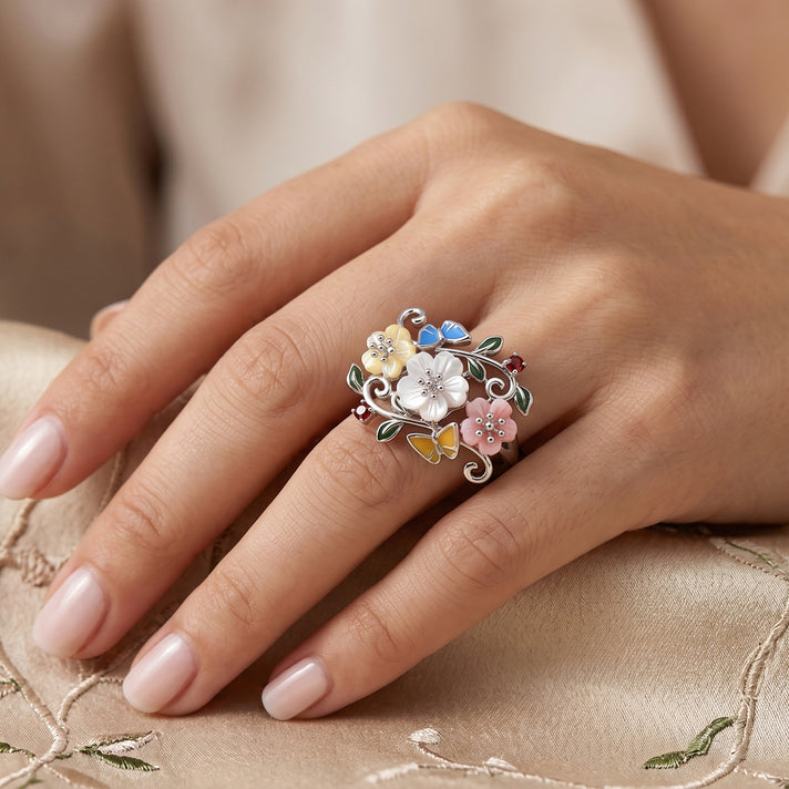 Jardin Collection - Multi-Gemstone Floral Vine Ring in Rhodium Overlay Sterling Silver 2.00 Ct. 8594241 2
