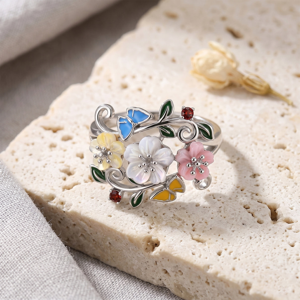 Jardin Collection - Multi-Gemstone Floral Vine Ring in Rhodium Overlay Sterling Silver 2.00 Ct. 8594241 3