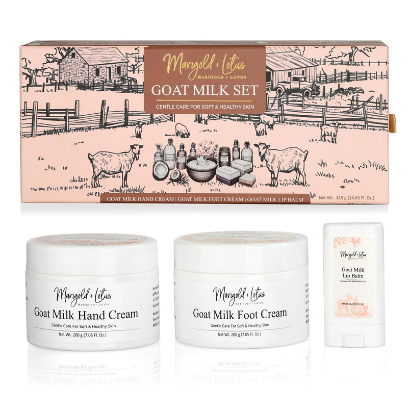 Marigold & Lotus Goat Milk Collection of Hand Cream (200g), Foot Cream (200g) & Lip Balm (15g)_8594290