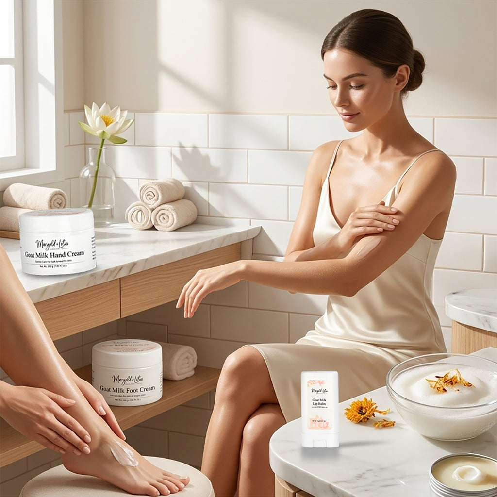 Marigold & Lotus Goat Milk Collection of Hand Cream (200g), Foot Cream (200g) & Lip Balm (15g)_8594290_2